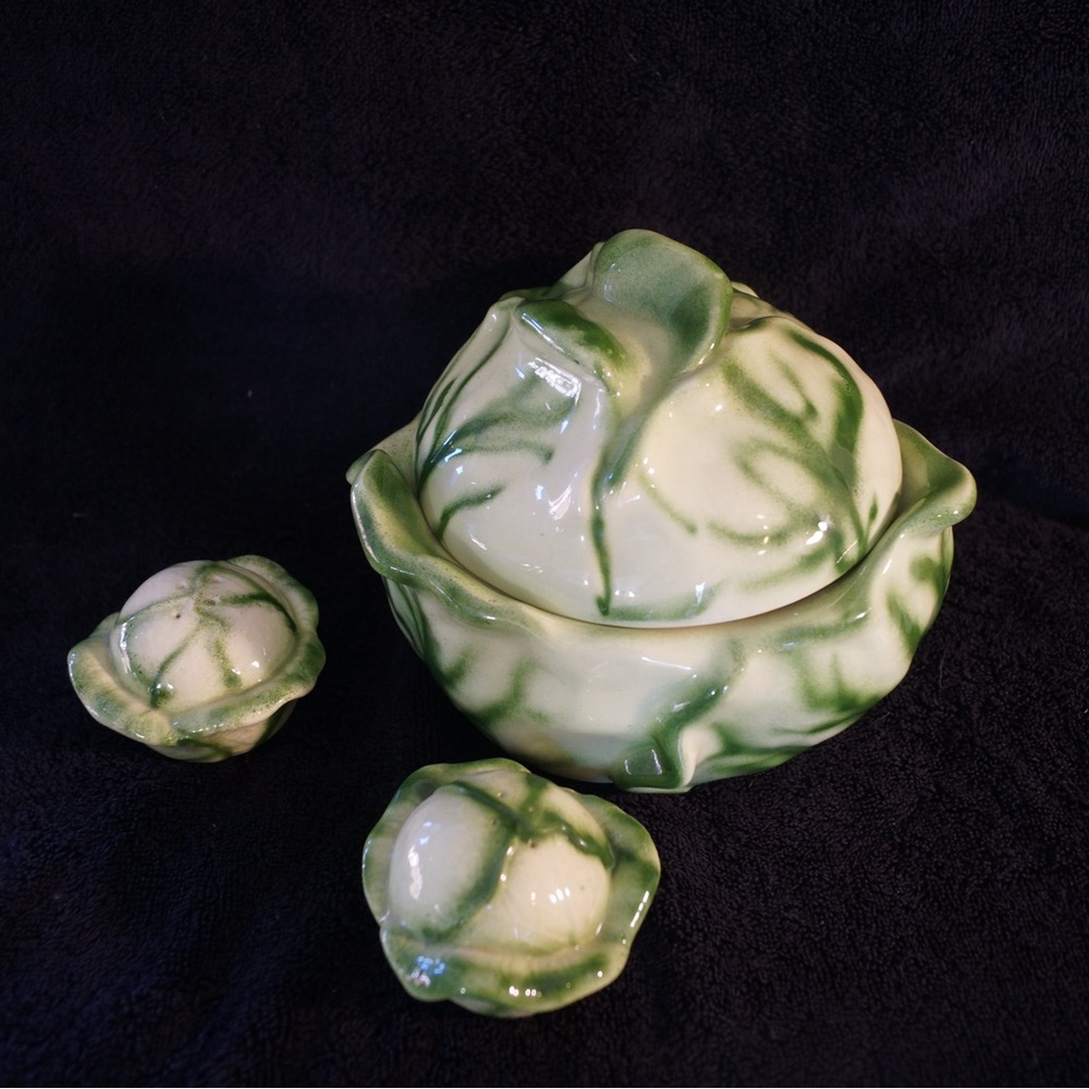 Green Cabbage Ceramic cookie jar and salt & pepper shaker